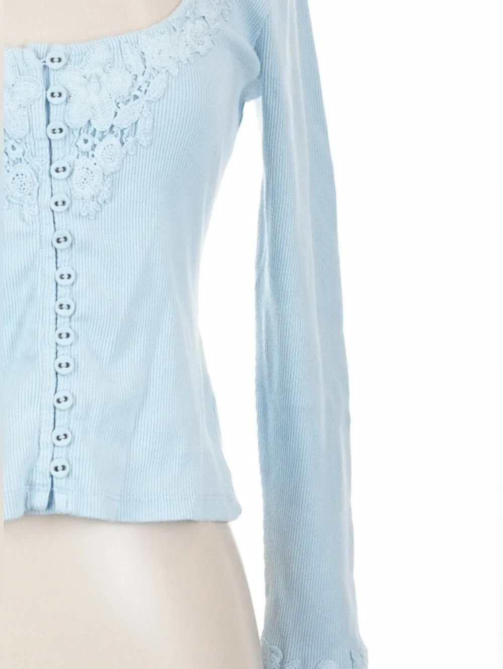 By Anthropologie Long Sleeve Lace Trim Blouse-Light Blue